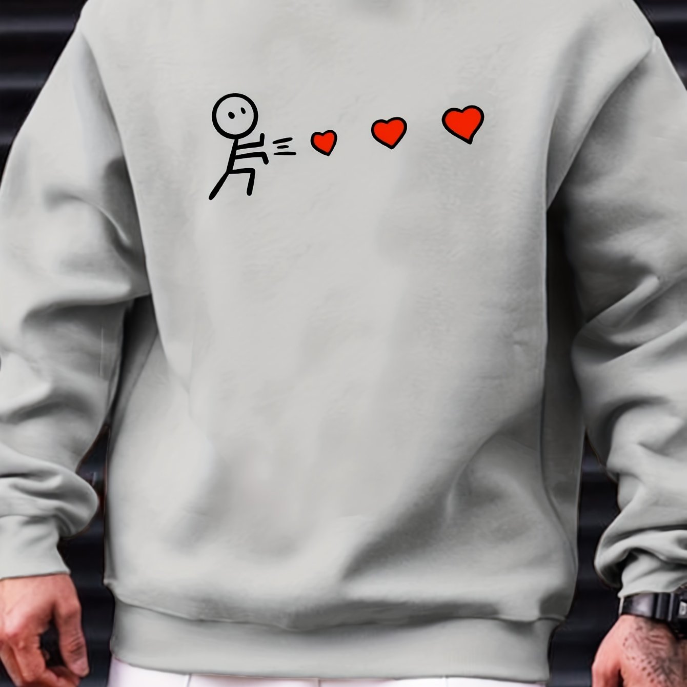 Little Hearts Print Men's Graphic Round Neck Sweatshirt, Loose Trendy Pullover, Men's Clothing For Autumn Winter